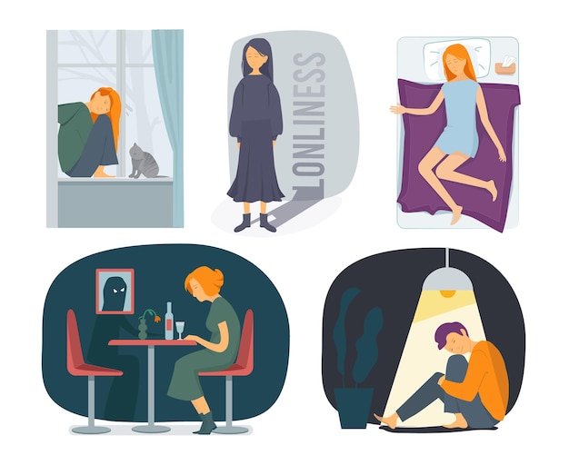 Eenzaamheid karakters. benadrukt depressieve mensen slechte psychische regen bij ziel angstig vrouw emotie vector visualisatie. depressie eenzaamheid, alleen persoon illustratie