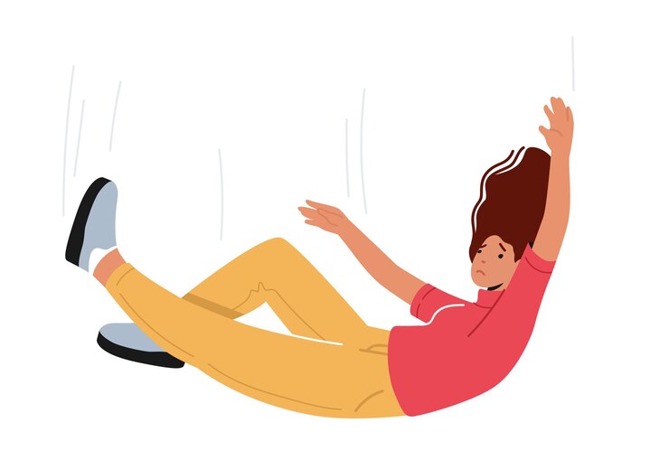 Vector eenzame hopeloze persoon in wanhoop. alleen vrouwelijk personage, bange vrouw met psychische problemen of gebroken hart dat naar beneden valt. triest depressief ongelukkig meisje valt na mislukking. cartoon vectorillustratie