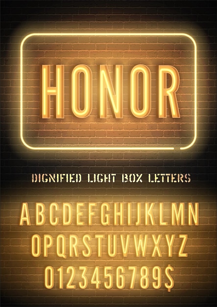 Eer teken en geel neon vak lettertype met nummers op vector donkere bakstenen muur achtergrond Oranje nacht licht alfabet met gloed effect