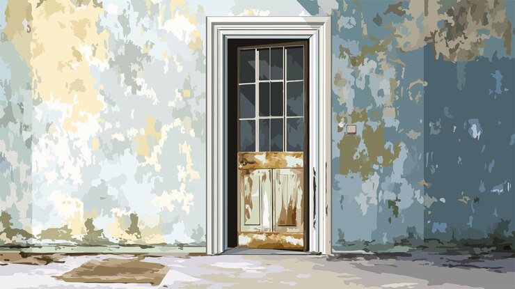 Vector eerie abandoned entrance hall with open door and moldy walls