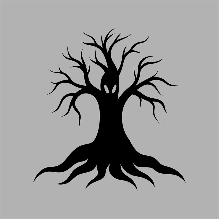 Vector eerie ghost tree with spectral roots emerging from a foggy swamp