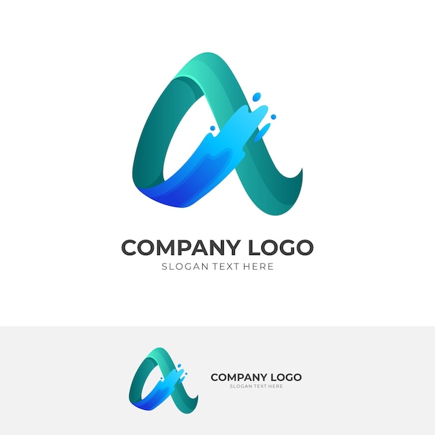 Eerste A logo-ontwerp letter A en watercombinatie-logo met 3D-groene en blauwe kleurstijl