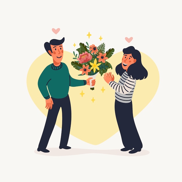 Eerste afspraakje. een man geeft een vrouw een mooi boeket bloemen