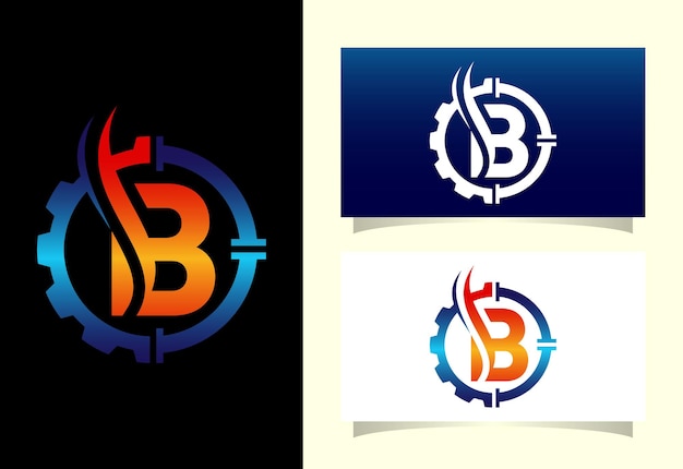 Eerste B monogram alfabet met versnelling pijp en vlam olie en gas logo concept lettertype embleem
