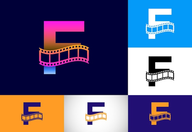 Eerste F monogram alfabet opgenomen met filmrol Video en film logo concept Lettertype embleem Logo voor de entertainment business en bedrijfsidentiteit