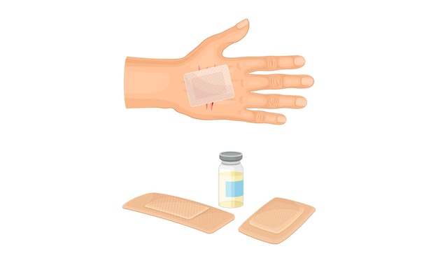 Eerste hulp voor wond medische pleister geplakt op palm vector illustratie