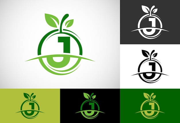 Eerste j monogram alfabet met het abstracte apple-logo gezonde voeding logo ontwerp vector