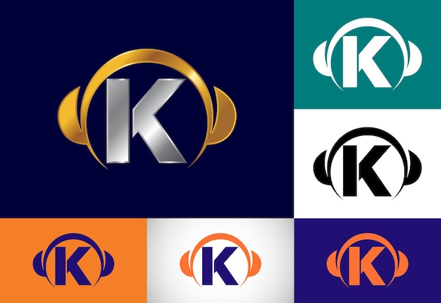 Eerste K monogram alfabet met een koptelefoon Hoofdtelefoon Logo Muziek teken symbool Lettertype embleem