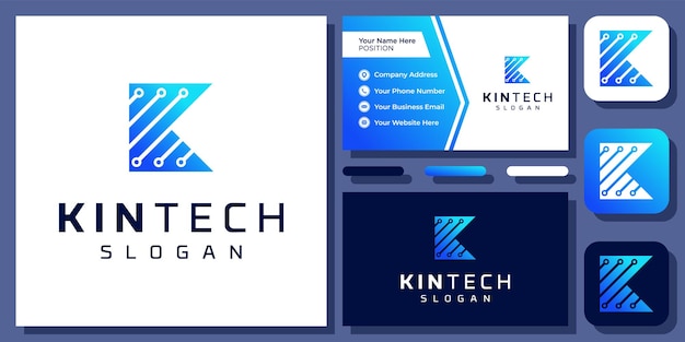 Vector eerste letter k technologie digitale printplaat verbinding vector logo ontwerp met visitekaartje