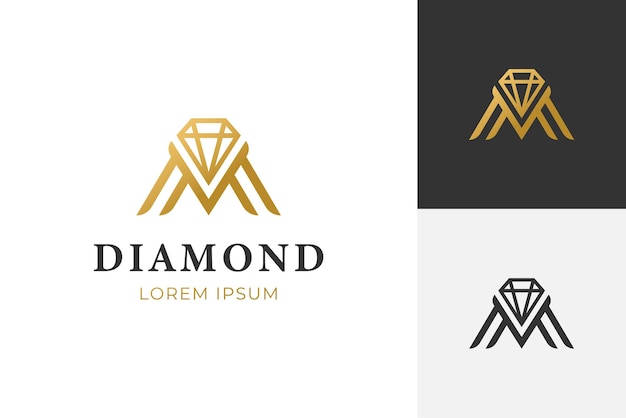 Eerste letter M met diamant lijn logo voor gouden sieraden logo pictogram symbool vector element bruiloft pictogram logo