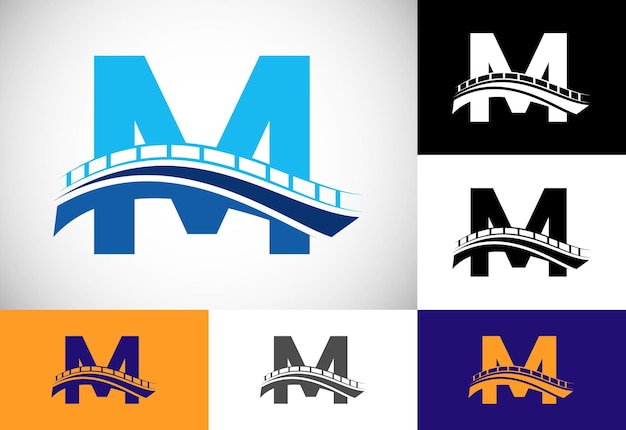 Eerste M monogram letter alfabet met brug teken abstracte brug logo ontwerpsjabloon moderne vector logo voor bouwbedrijf en bedrijfsidentiteit