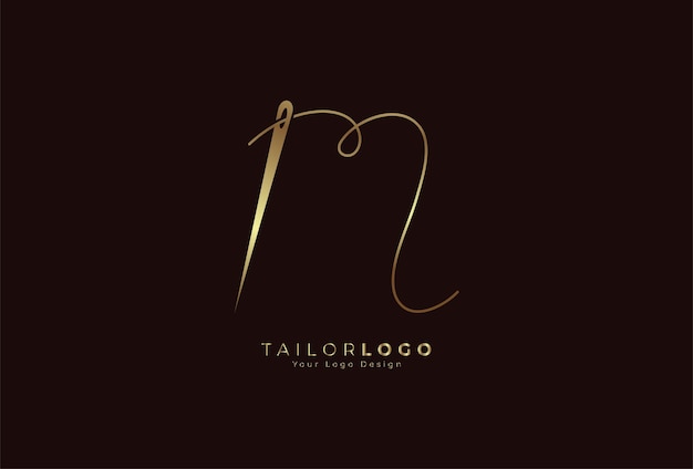 Eerste M Tailor-logo letter M gevormd uit draad en naald met gouden kleurlijnstijl