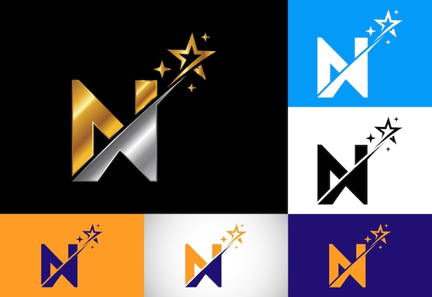Eerste N monogram letter alfabet met swoosh en ster logo pictogram abstracte ster logo teken symbool ontwerp moderne vector logo voor bedrijf en bedrijf identiteit