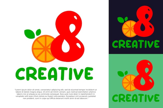 Eerste nummer 8 met oranje fruit logo vector concept element nummer 8 logo met biologische sinaasappel