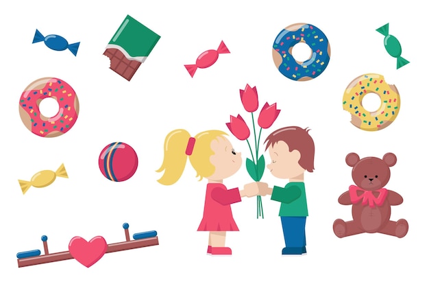 Eerste onschuldige liefde jongetje bloem geven aan meisje een reeks attributen op het onderwerp van de eerste onschuldige liefde platte cartoon vectorillustratie geschikt voor kinderproducten