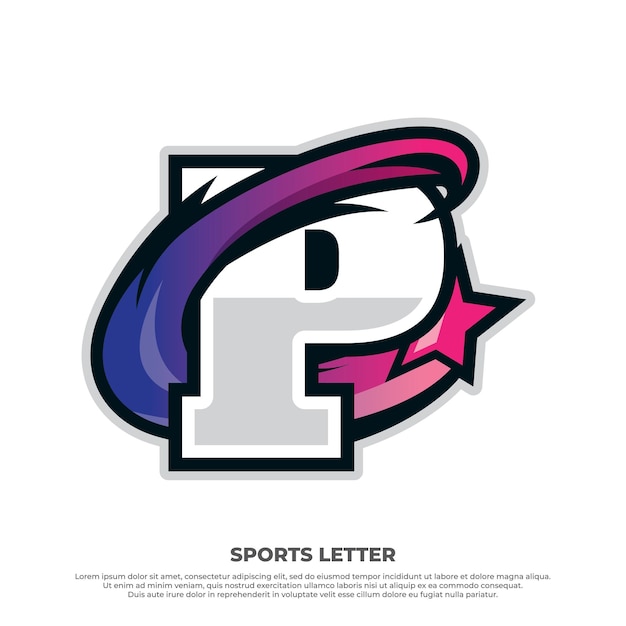 Vector eerste p brief sport ontwerpconcept met swosh ster geïsoleerd op een witte achtergrond esport design