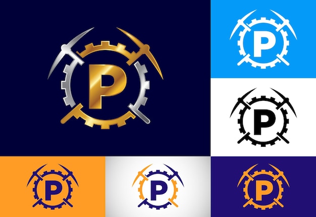 Eerste P monogram letter alfabet met houweel en versnelling teken Mijnbouw logo ontwerpconcept Modern vector logo voor mijnbouw bedrijf en bedrijfsidentiteit