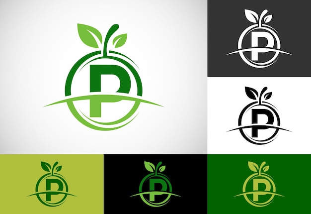 Eerste p-monogramalfabet met het abstracte apple-logo gezonde voeding logo-ontwerpvector