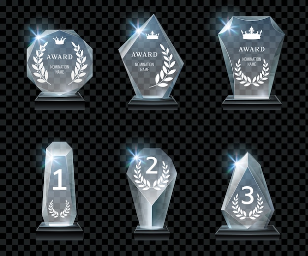Eerste prijs, kristalprijs en gesigneerde acryltrofeeën realistische vector set