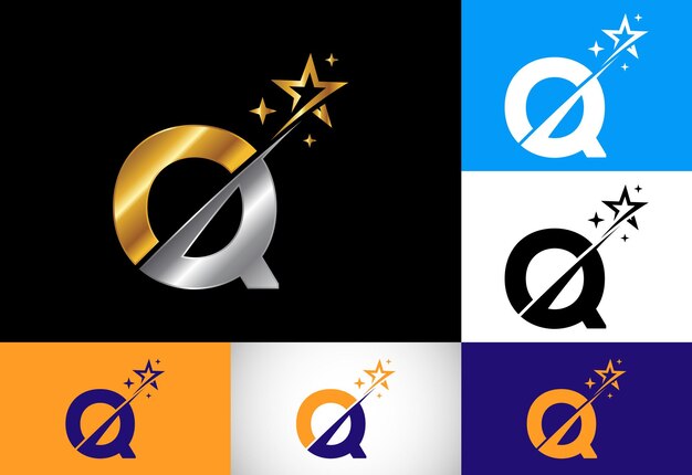 Eerste Q monogram letter alfabet met swoosh en ster logo pictogram abstracte ster logo teken symbool ontwerp moderne vector logo voor bedrijf en bedrijf identiteit