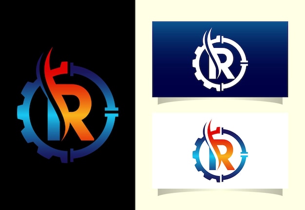 Eerste r monogram alfabet met versnelling pijp en vlam olie en gas logo concept lettertype embleem