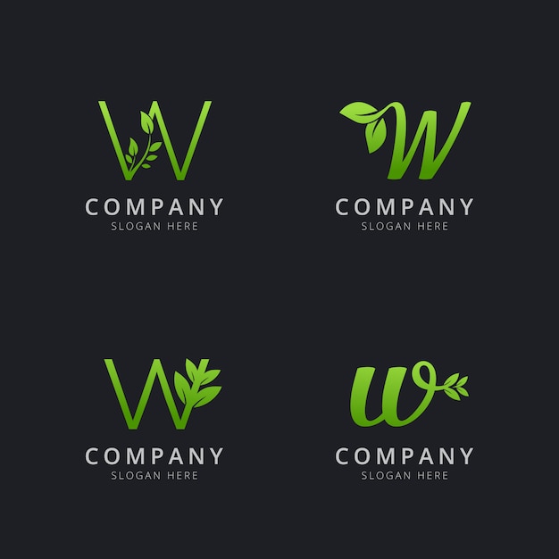 Eerste w-logo met bladelementen in groene kleur