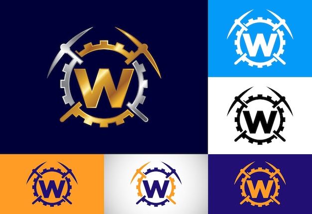 Eerste W monogram letter alfabet met houweel en versnelling teken Mijnbouw logo ontwerpconcept Modern vector logo voor mijnbouw bedrijf en bedrijfsidentiteit