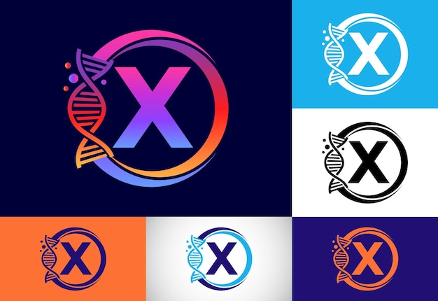 Eerste X-monogramalfabet in een cirkel met Dna. Genetica logo ontwerpconcept. Logo voor geneeskunde, wetenschap, laboratorium, bedrijf en bedrijfsidentiteit