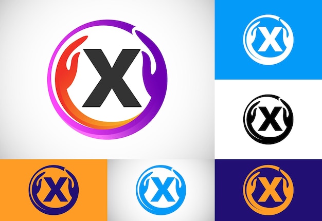 Eerste X-monogrambrief met veilige handen Professioneel teamwerk voor liefdadigheid en ontwerp van het logo van de stichting