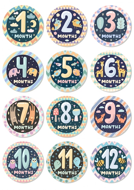 Eerstejaars baby leeftijd stickers set met schattige dieren badge