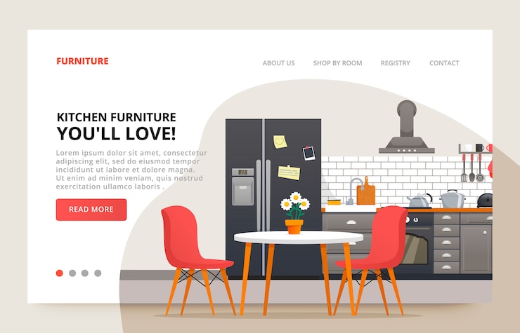 Vector eetkamer ontwerp. meubels site. keuken moder ontwerp. keuken interieur met meubels. illustratiedia voor meubelwebsite.