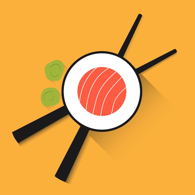 Eetstokjes met sushi roll en stijgen Sushi stuk met eetstokje vector web pictogram geïsoleerd op gele achtergrond bovenaanzicht