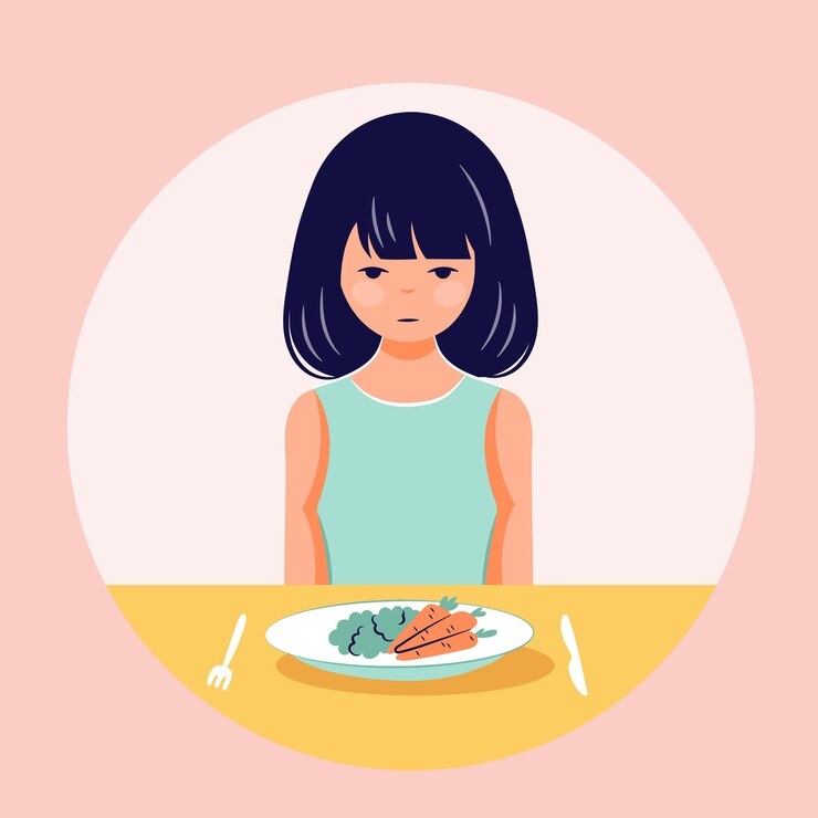 Eetstoornis concept Meisje weigert voedsel Anorexia probleem platte persoon illustratie