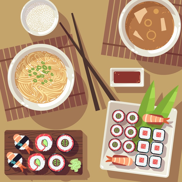 Eettafel met japans eten bovenaanzicht