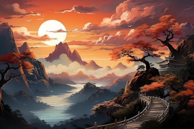Vector eeuwige sereniteit chinese inktlandschapsschilderij van dennenbonsai en verre bergen