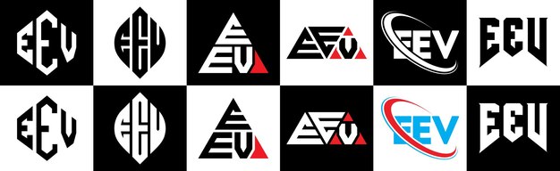 Дизайн логотипа EEV в шести стилях EEV многоугольник круг треугольник шестиугольник плоский и простой стиль с черно-белой цветовой вариацией логотипа EEV минималистский и классический логотип