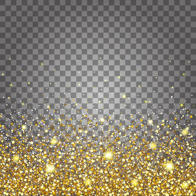 Vettore effetto di parti volanti glitter oro lusso ricco design sfondo. fondo grigio chiaro. la polvere di stelle accende l'esplosione su uno sfondo trasparente