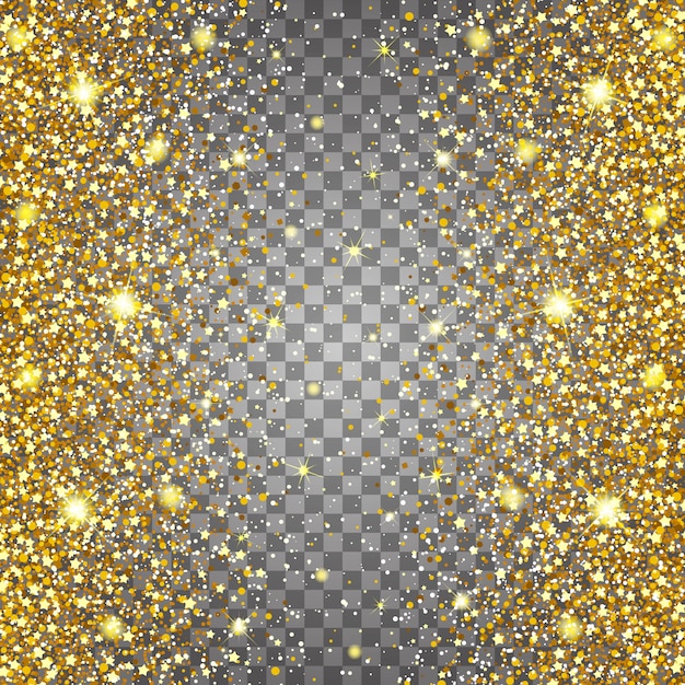 Effetto di parti volanti glitter oro lusso ricco design sfondo. sfondo grigio chiaro. la polvere di stelle accende l'esplosione su uno sfondo trasparente