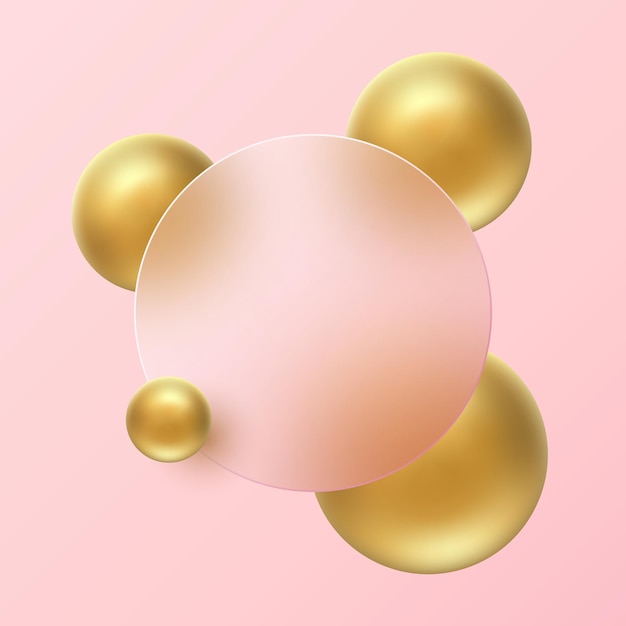 Effect of glass morphism Round banner made of transparent frosted glass Golden spheres on a pink background Realistic form of glassmorphism