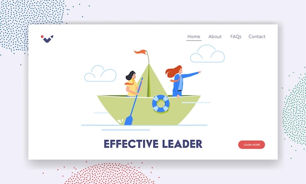 Effective Leader Landing Page Template Business Women Sailing On Paper Boat Business Team Overcomes Difficulties