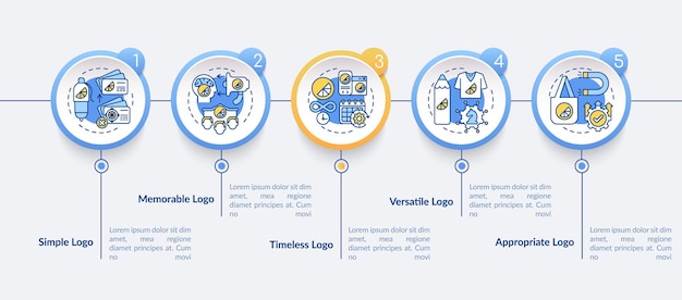 효과적인 로고 디자인 벡터 infographic 템플릿입니다. 시대를 초월한 로고 타입 프레젠테이션 개요 디자인 요소입니다. 5단계로 데이터 시각화. 타임라인 정보 차트를 처리합니다. 라인 아이콘이 있는 워크플로 레이아웃