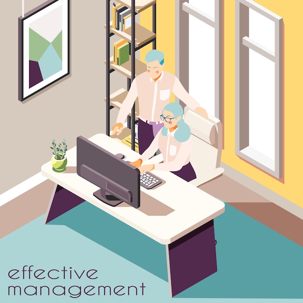 Effective management isometric background with indoor view of room