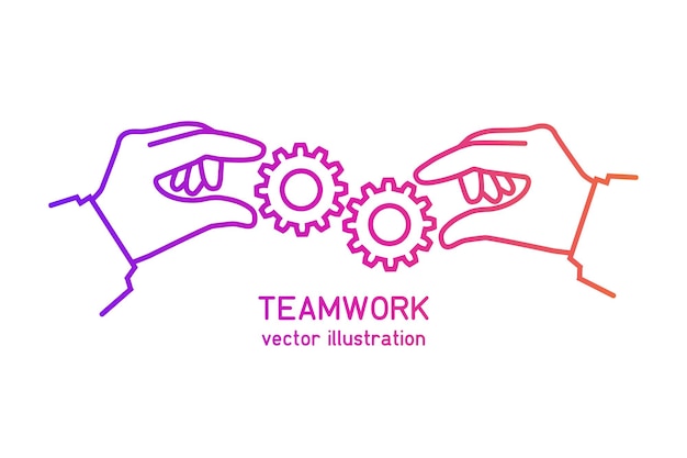 Vettore efficace concetto di lavoro di squadra. linea colore design piatto. gear tenere in mano uomo d'affari. cooperazione. illustrazione vettoriale. banner modello per siti web, spazio per il testo. raggiungere risultati sforzi congiunti.