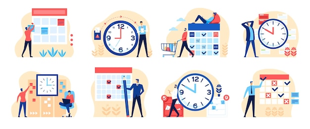 効果的な時間管理時計とカレンダーを持つ人々ビジネスマンのスケジューリングタスクが設定されています
