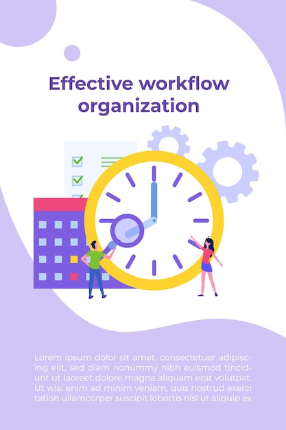 Vettore organizzazione efficace del flusso di lavoro, processo di lavoro di squadra, rispetto delle scadenze, concetto efficiente di giornata lavorativa. illustrazione vettoriale.