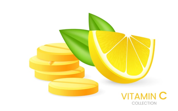 Effervescent soluble tablets. Vitamin C pills with lemon flavor. Realistic lemon sliced, yellow zest
