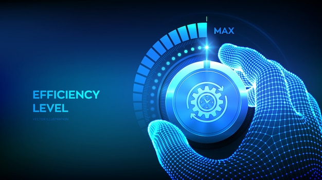 Efficiency levels knob button. Wireframe hand turning a efficiency knob to the maximum position.