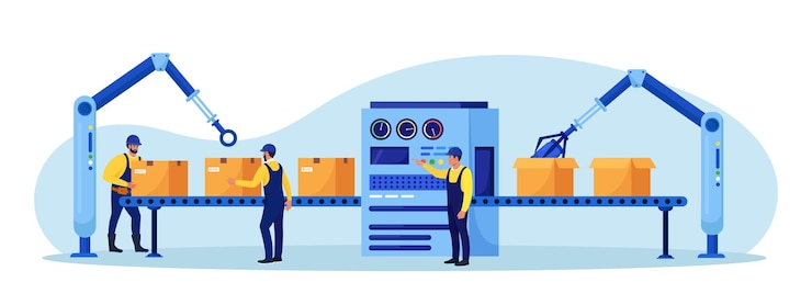 Vector efficient smart factory with workers robotic arm assembly lines manufacturing process industry production operator controls conveyor automatic production line with boxes high tech machinery