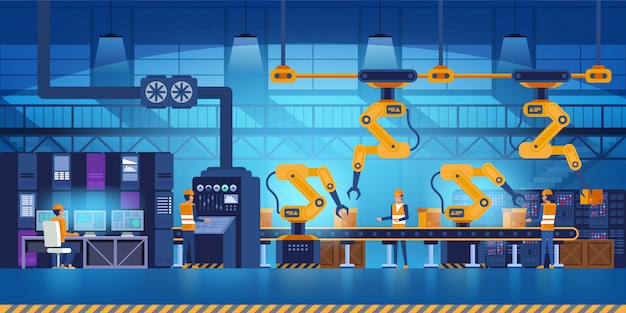 Efficient smart factory with workers, robots and assembly line, industry 4.0 and technology concept