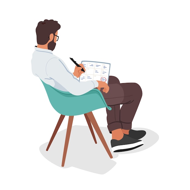 Efficient time management vector concept man plans schedule sitting on chair maximizing productivity